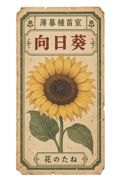 向日葵の種袋ラベル。架空の薄暮種苗室の、花を大きく刷った古い種袋用ラベル。
