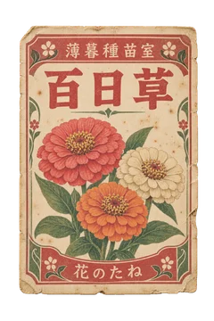 百日草の種袋ラベル。架空の薄暮種苗室の、花を大きく刷った古い種袋用ラベル。