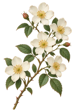 野薔薇の枝。細かな花や葉の質感を残した、台紙なしの植物装飾素材。
