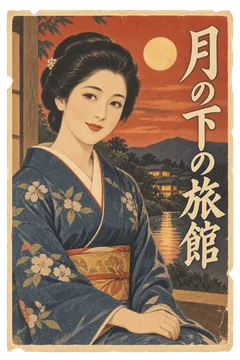 紺の着物姿の女性と夕暮れの旅館を描いた、朱赤の旅館広告。