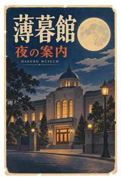 大きな満月と灯りのともる博物館を描いた、紺色の夜間案内ポスター。