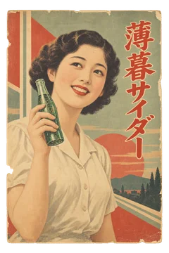 緑色のサイダー瓶を手にした女性と幾何学模様を組み合わせた飲料広告。