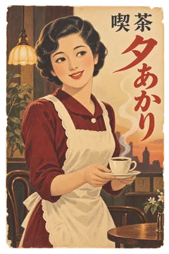 珈琲カップを持つエプロン姿の女性を描いた、夕暮れの喫茶店広告。