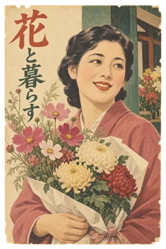 花束を抱えた女性と店先の花を描いた、素朴な花屋の広告。