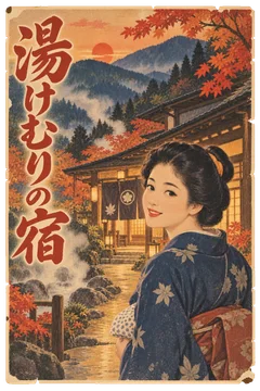 紅葉の山里にある木造旅館と着物姿の女性を描いた宿の広告。