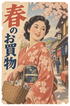 買物かごを持つ女性と桜の商店街を描いた、春の買物案内。