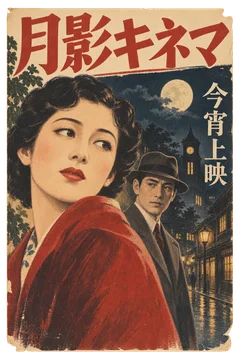 架空の男女と月夜の時計塔を描いた、月影キネマの上映広告。