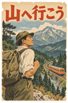登山者と山あいを走る列車を描いた、内陸の山旅の案内。