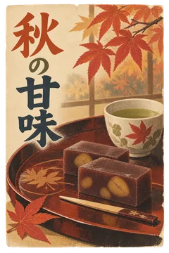 栗ようかんとお茶、紅葉を描いた、秋の和菓子広告。