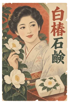 白椿と着物姿の女性、包み石鹸を描いた架空の石鹸広告。