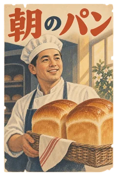 焼きたての食パンをかごに載せたパン職人を描いた広告。