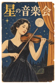 星と月を背景に、ヴァイオリンを奏でる女性を描いた演奏会案内。