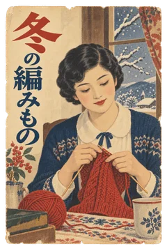 雪の窓辺で赤い毛糸を編む女性を描いた、冬の手芸広告。