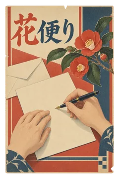 万年筆で便箋に向かう手と赤い椿を描いた、文具の広告。