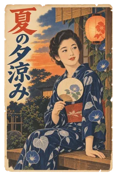 うちわを持って縁側に座る浴衣姿の女性を描いた、夏の夕涼み案内。