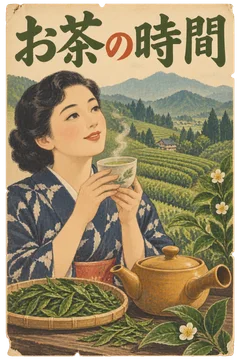 茶畑とお茶を楽しむ女性、急須を描いた緑茶の広告。