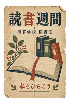 開いた本と栞を描いた、学校図書室の読書週間の広告。