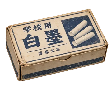 「学校用 白墨」と刷った、素朴な青い紙箱。