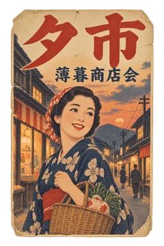 買物かごを持つ女性と夕方の商店街を描いた、薄暮商店会の夕市広告。