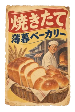 パンとかごを大きく描いた、架空の薄暮ベーカリーの広告。
