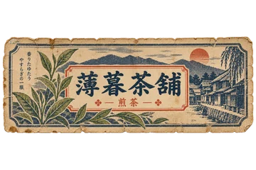 茶葉の枝を添えた、薄暮茶舗の横長ラベル。