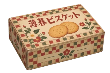赤と緑の縁取りを施した、架空の薄暮ビスケットの紙箱。