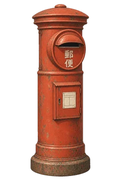 くすんだ赤色の塗装を残した、丸型の昔の郵便ポスト。