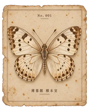 薄黄と焦茶の翅を広げた蝶を、細い罫線のある古紙に添えた標本カード。