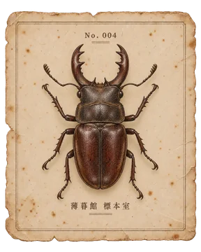 枝のような大あごを持つ焦茶の甲虫を、真上から見た標本カード。