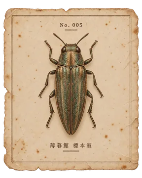 銅色とくすんだ緑の細長い甲虫を、古紙に添えた標本カード。