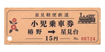 淡い杏色の紙に小さな機関車を刷った、星見軽便鉄道の子供用切符。
