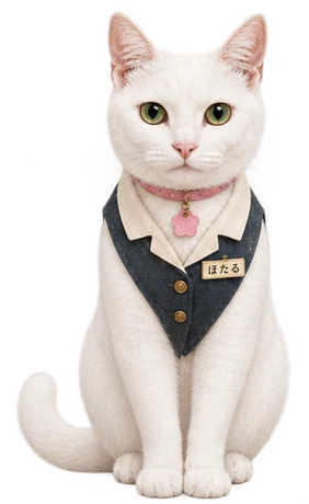 紺のベスト姿の案内猫ほたる