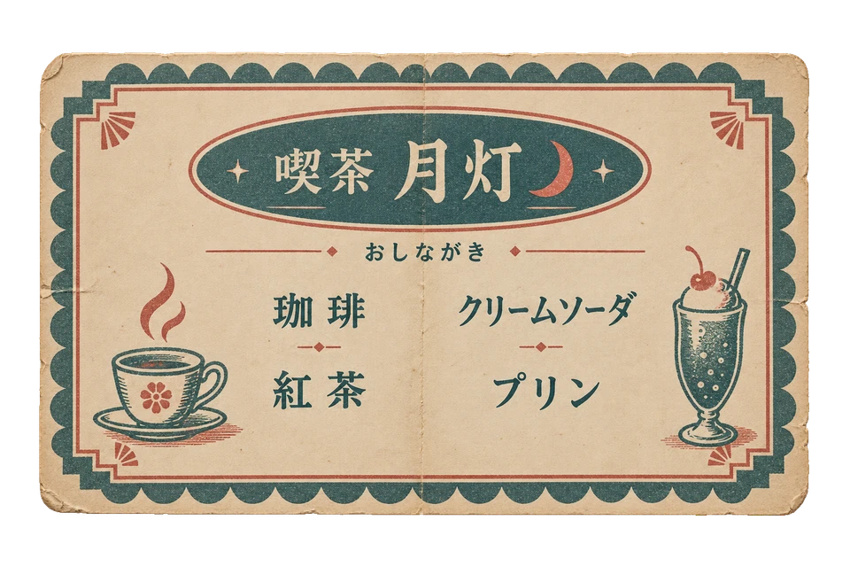 喫茶月灯のメニュー用紙の昭和レトロな紙もの素材