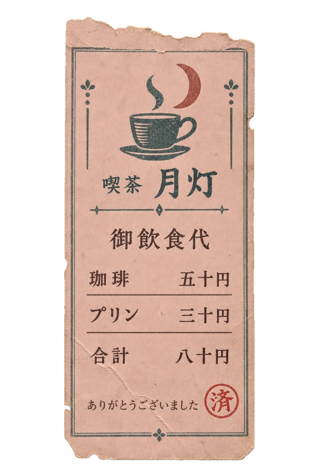 喫茶月灯のレシートの昭和レトロな紙もの素材
