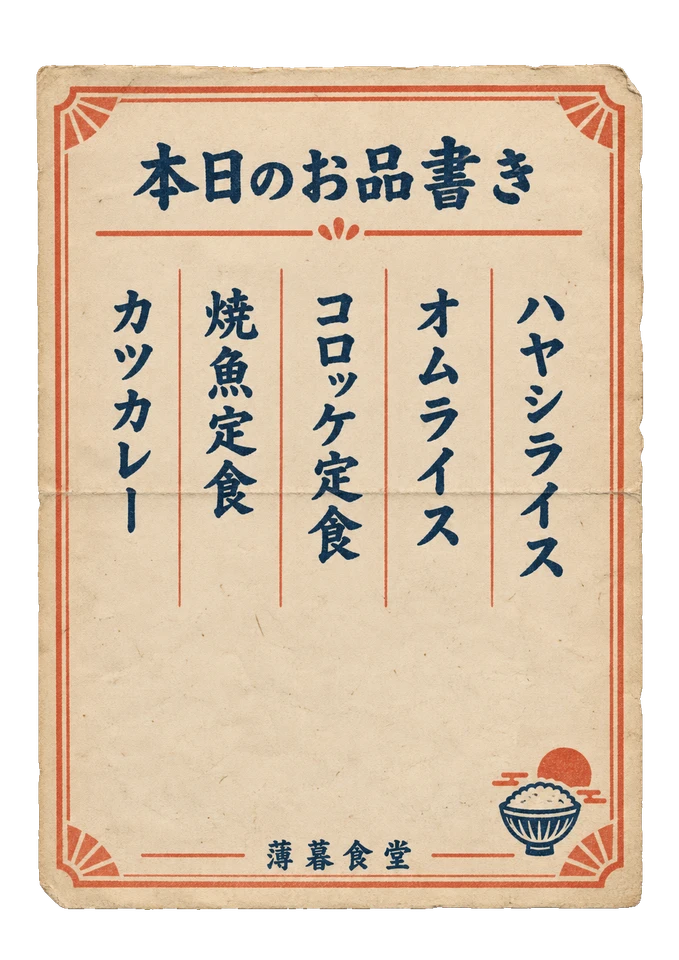薄暮食堂のお品書きの昭和レトロな紙もの素材