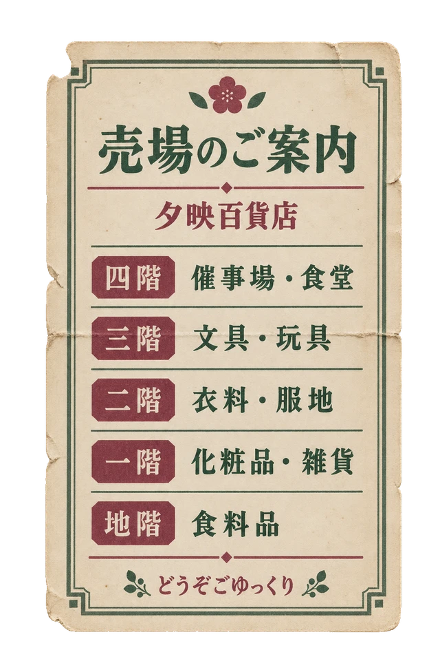 夕映百貨店の売場案内の昭和レトロな紙もの素材