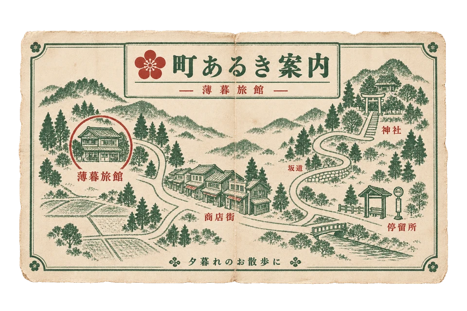 周辺散策の案内図の昭和レトロな紙もの素材