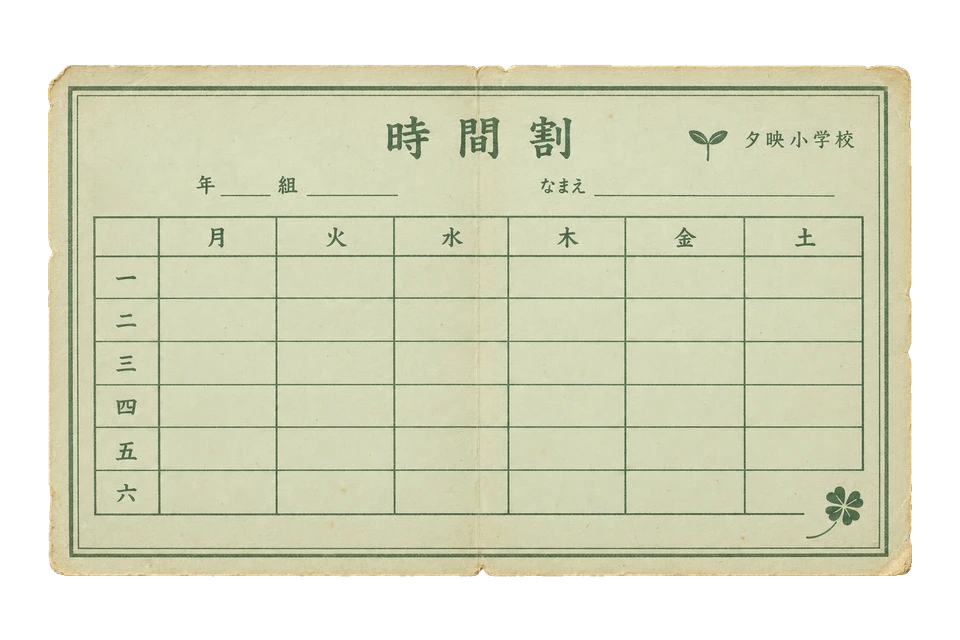 夕映小学校の時間割の昭和レトロな紙もの素材