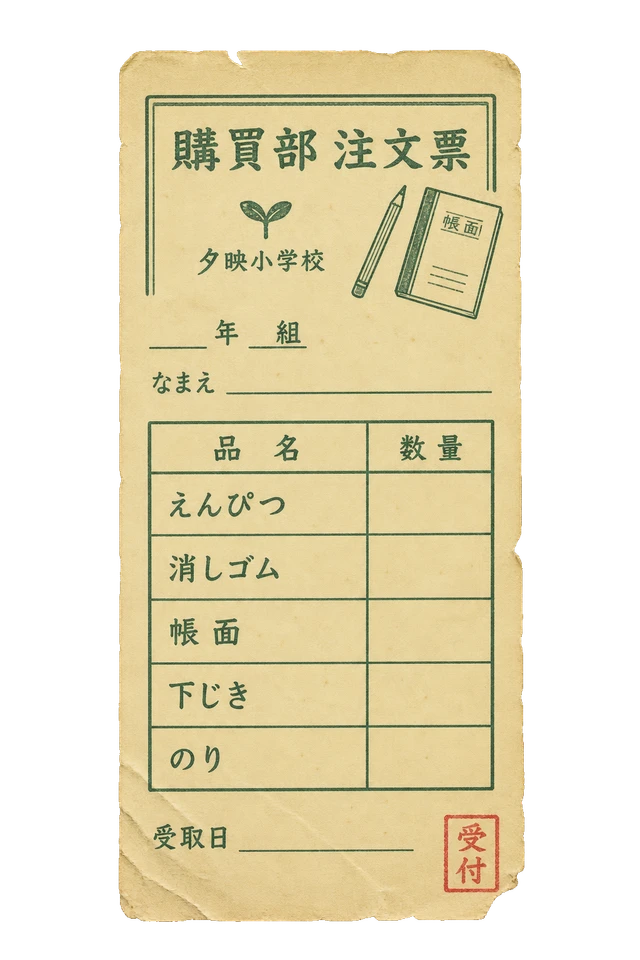 夕映小学校の購買部注文票の昭和レトロな紙もの素材