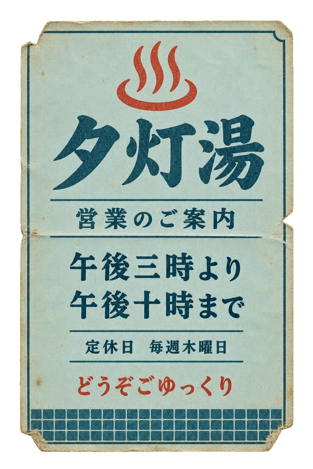 夕灯湯の営業案内の昭和レトロな紙もの素材
