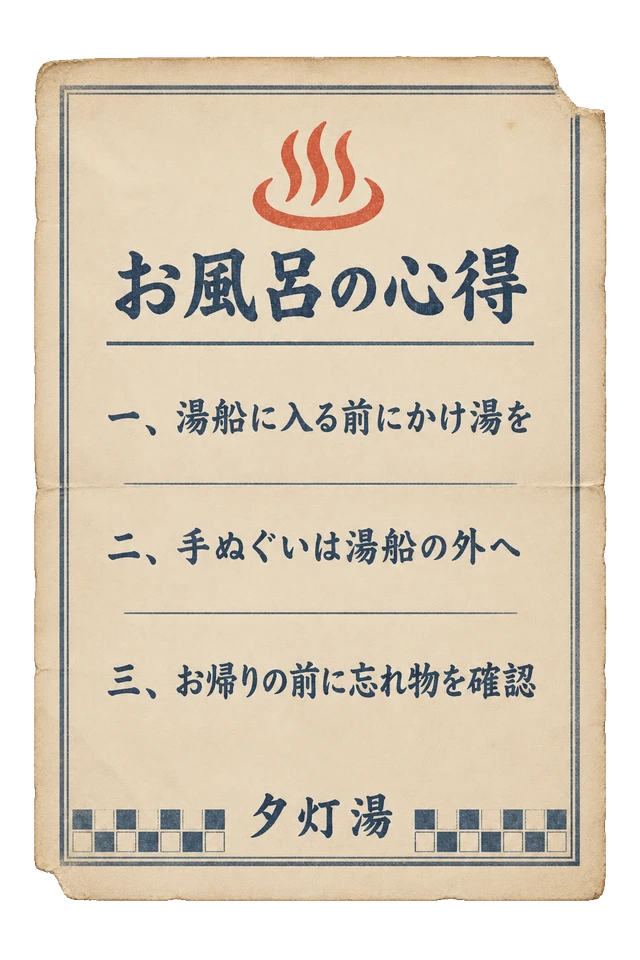 夕灯湯のお風呂の心得の昭和レトロな紙もの素材