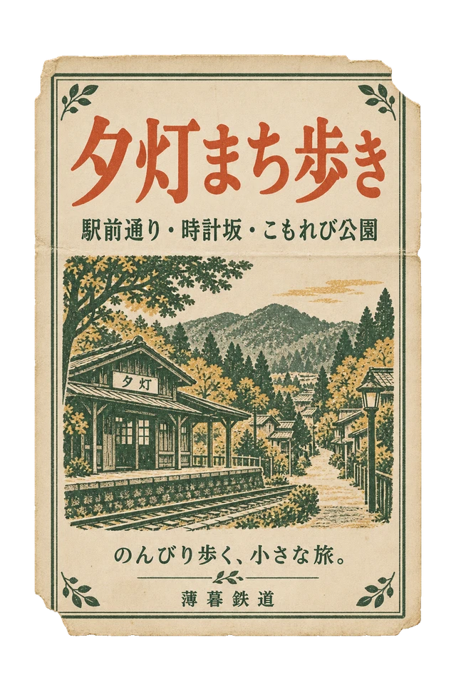 薄暮鉄道の観光案内の昭和レトロな紙もの素材