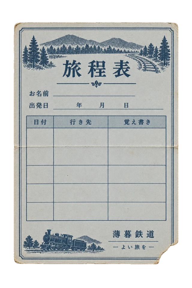 薄暮鉄道の旅程表の昭和レトロな紙もの素材