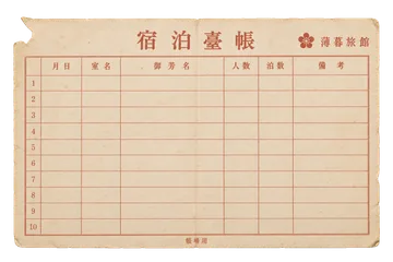 宿泊台帳の一頁の昭和レトロな紙もの素材