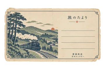 薄暮鉄道の旅の絵葉書の昭和レトロな紙もの素材