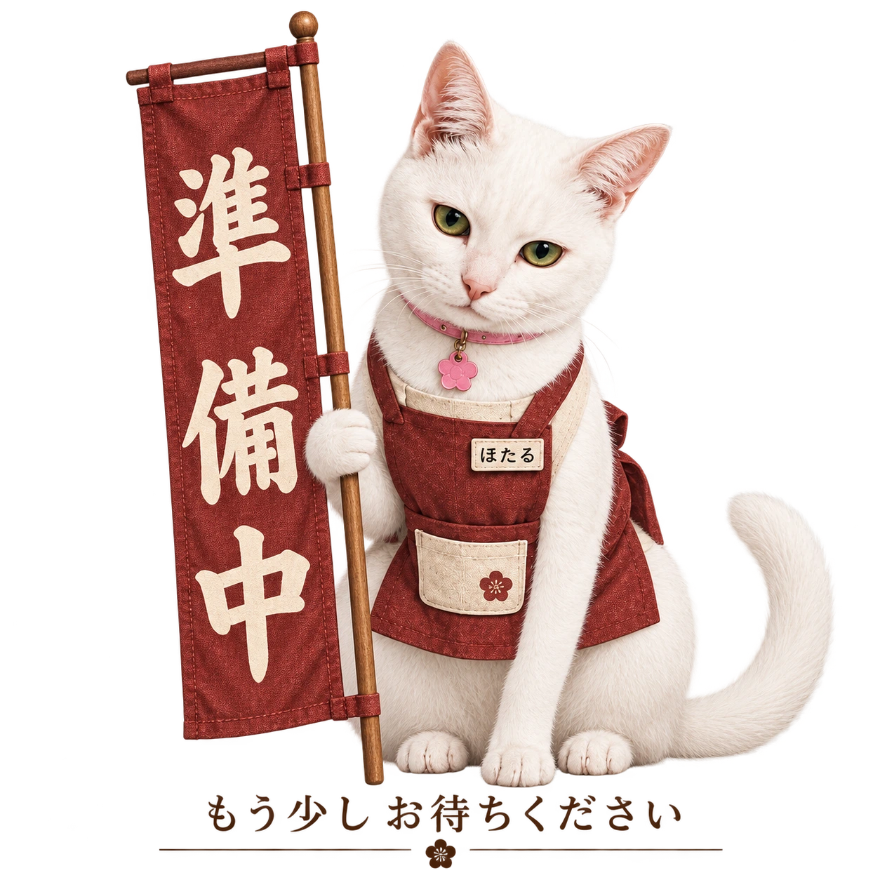 売店のエプロンを着た案内猫ほたるが「準備中」の旗を持っています。もう少しお待ちください。